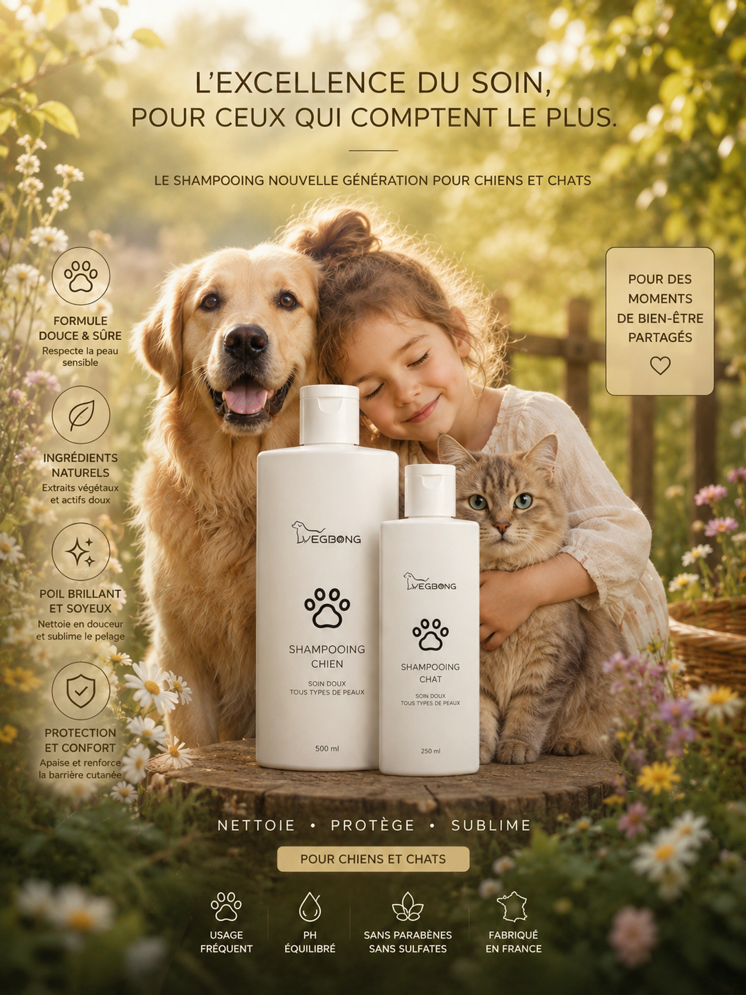 Shampoing pour chat et chien 100/300ml - Gel douche adoucissant, anti-acariens, hydratant