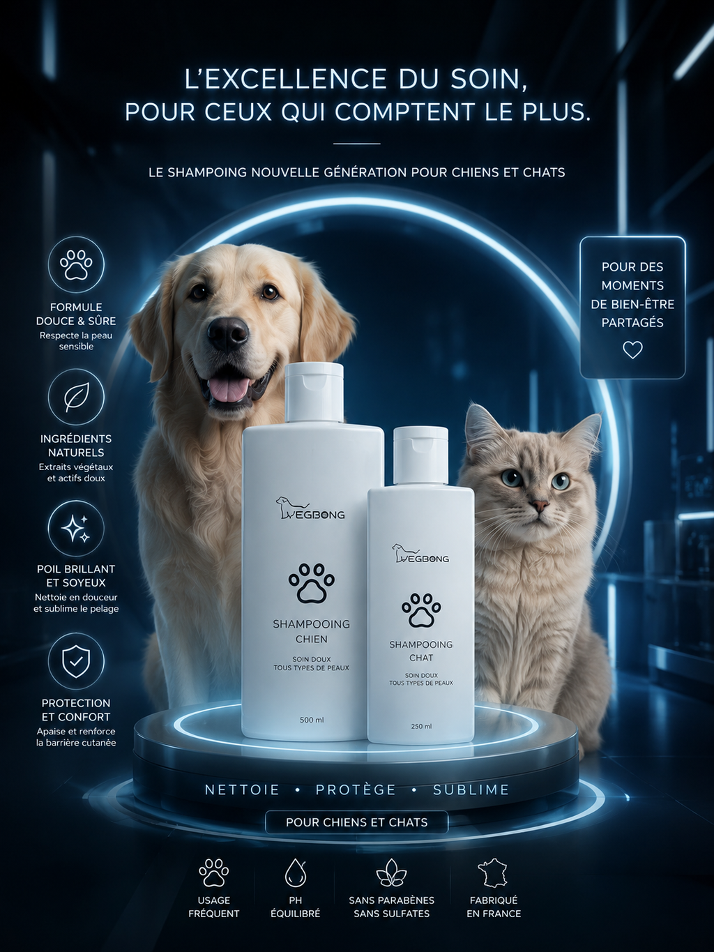 Shampoing pour chat et chien 100/300ml - Gel douche adoucissant, anti-acariens, hydratant