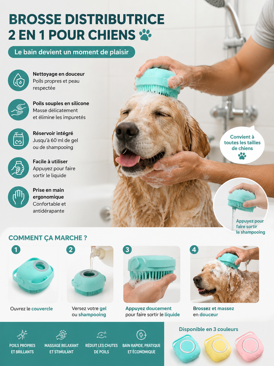 Brosse de bain et massage pour chien et chat - Silicone doux 80ml