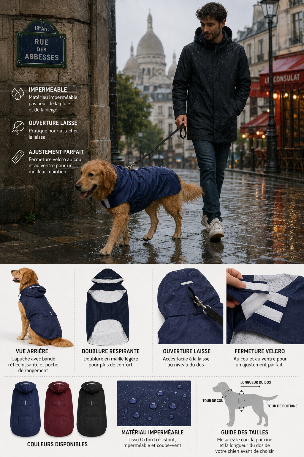 Imperméable pour chien avec bandes réfléchissantes – Toutes tailles